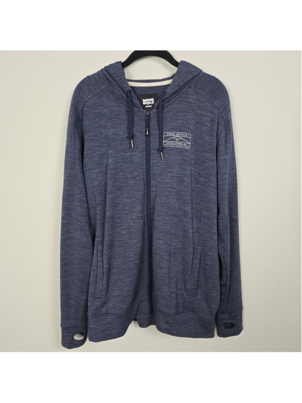Mons Royale Mens Merino Wool Full Zip Hoodie Size M Blue Performance Outdoor
